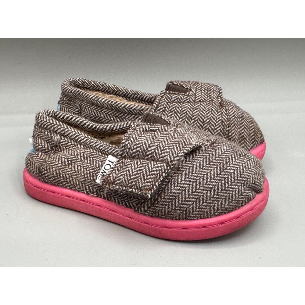 TOMS Infant Toddler Brown Pink Herringbone Shoes size 5
